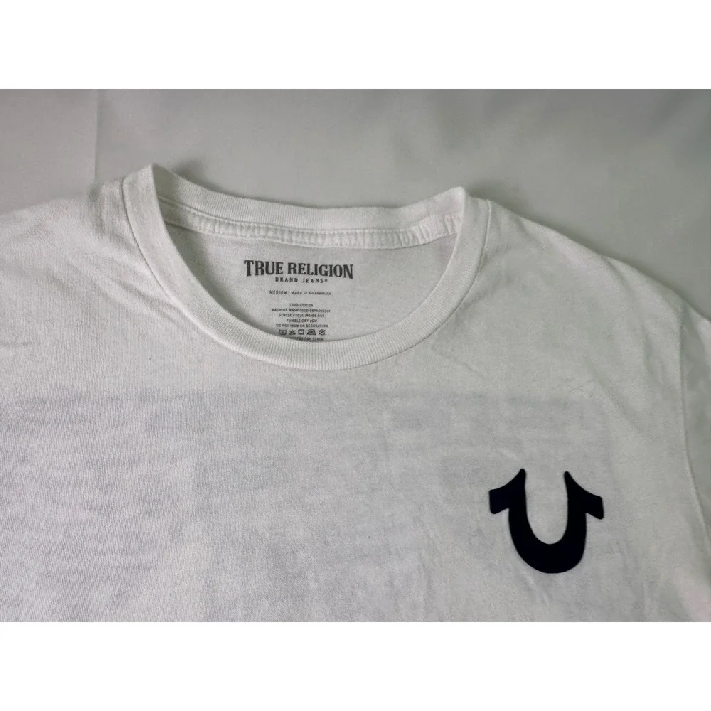 True Religion‎ Mens White Horseshoe Logo Graphic Tee Streetwear Y2K Urban Size M